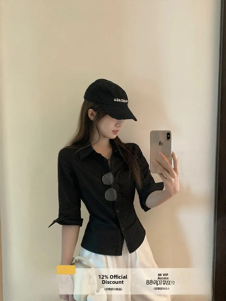 

Women's Cotton Linen Neck Long Sleeve Shirt Short Style Waist Cinched Slim Fit Casual Top for Autumn 2025 New Arrival