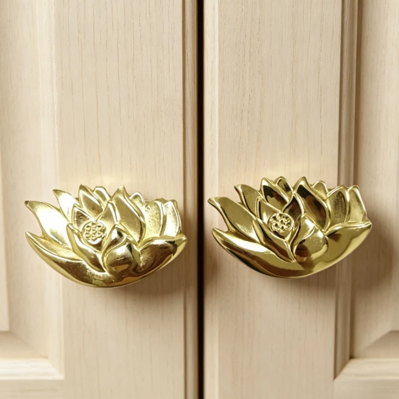 

Brass Gold Lotus Handle Nordic Light Luxury Furniture Drawer Cabinet Door Wardrobe Vanity Single Hole Hardware Handle Knob