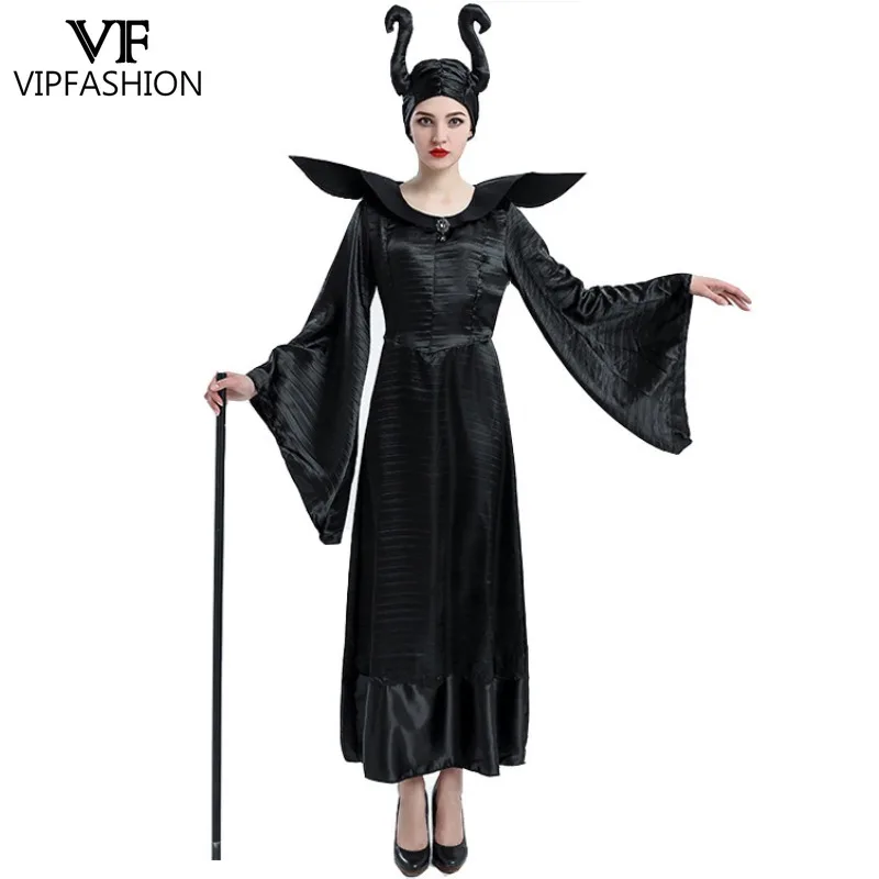 VIP FASHION أزياء الهالوين الشر شيطان الساحرة زي أسود فستان الحفلات التنكرية مع أغطية الرأس مرحلة الأداء الزي فستان القرون الوسطى #3