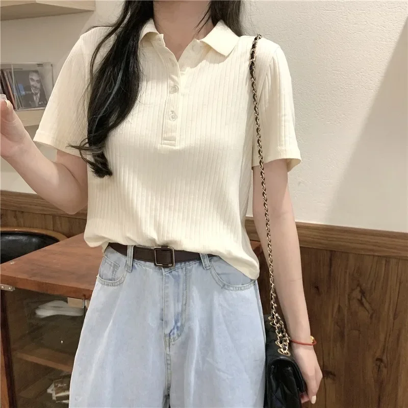 

New Women Solid Color Turn-collar Tops Chic Preppy Style Summer Short Sleeve Shirts Fashion All-Match Button T-shirts Streetwear