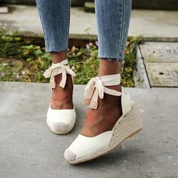 2024 Damen Espadrille Knöchelriemen Sandalen Bequeme Hausschuhe Damen Damen Freizeitschuhe Atmungsaktive Flachs Hanf Canvas Pumps