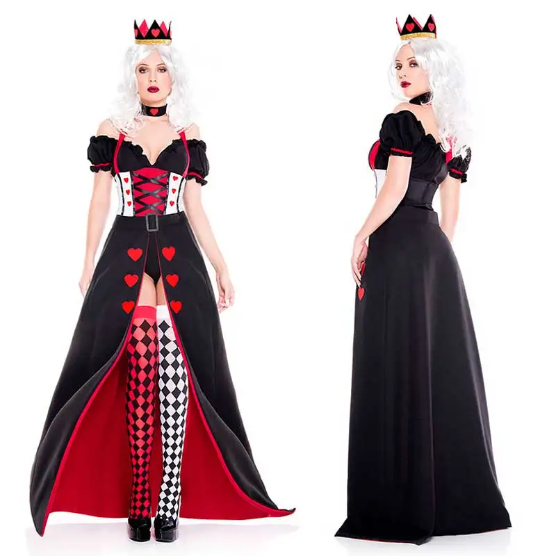 Women Halloween Red Heart Poker Queen Costume Adults Enchanting Royal Heart Queen Fancy Dress Long Party Dresses