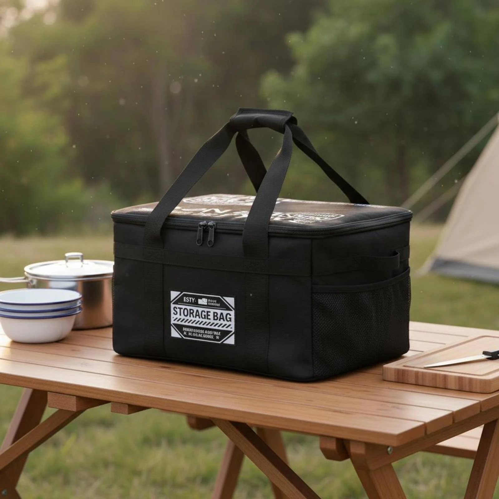 Outdoor Cookware Carrier Adjustable Dividers Large Capacity Camping Bag Foldable Gear Storage Box Wear Resistant for Car Trunk