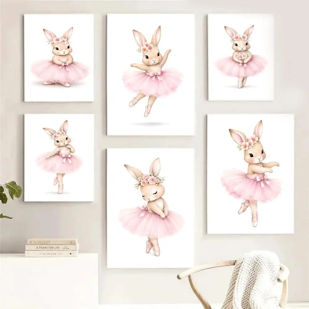 

Cute Pink Girls Ballerina Bunny Painting Calligraphy Pictures Room Home Bedroom Interior Wall Decoration Canvas Poster Art Mural