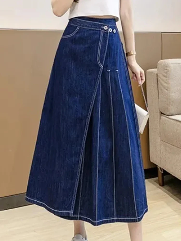 Denim Pleated Skirt Women Korean Fashion Irregular Skirt Harajuku Vintage One Piece Skirts Ladies Casual High Waist A-line Skirt