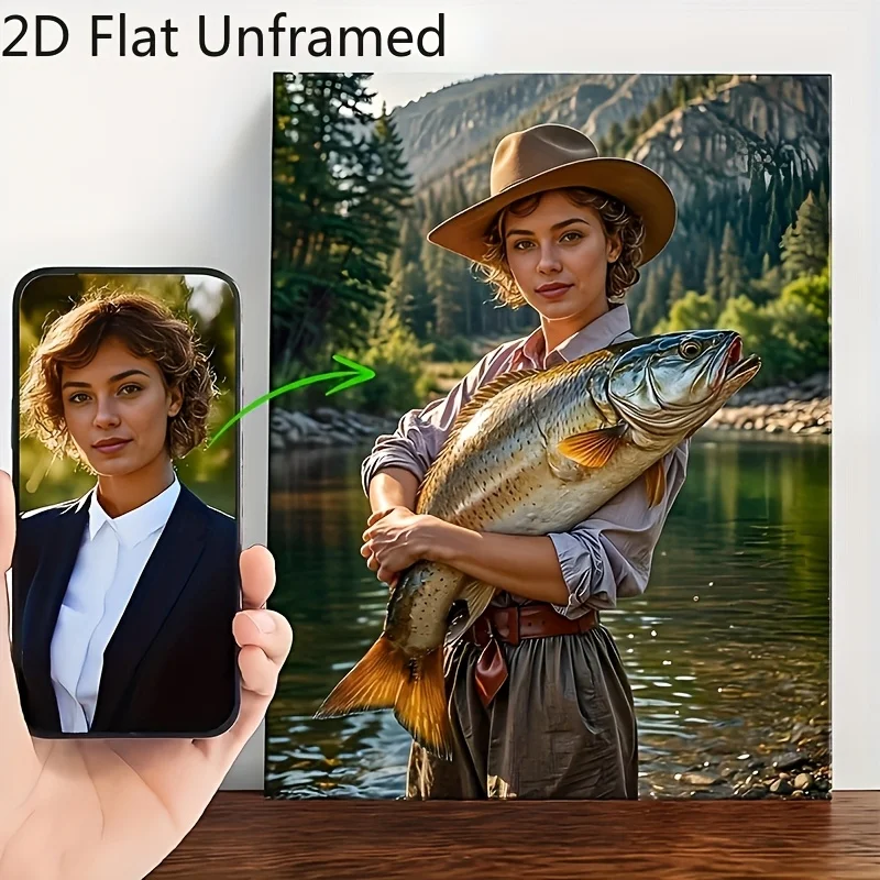 Custom Fisher Woman Portrait Canvas, Upload Your Photo Personalized Bear Fishing Wilderness Poster, Unframed Wall Art Home Decor