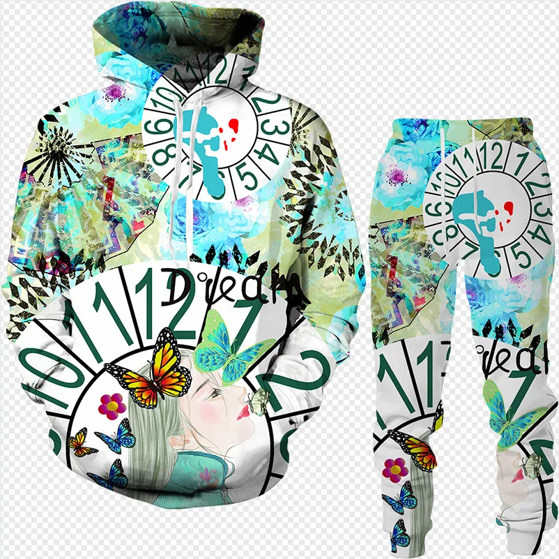 3D Cartoon Hand Drawn Graffiti Print Men\'s Hoodie Suit Casual Street Tracksuit Pants 2pcs Sets Personality Kid Sweatshirt Outfit