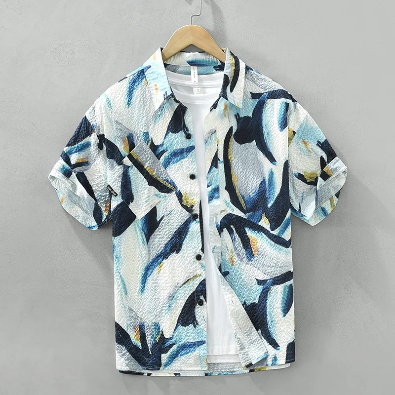 

3729 High Quality Bubble Texture Printing Shirt Men's Summer Fashion Short Sleeve Loose Casual Lapel Blouses Soft Cozy Tops Male
