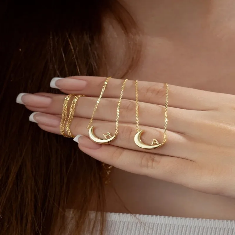 

Crescent Moon Letter Necklace Zircon Custom Letter Necklace Gold initial pendant Personalized Birthday Gift for Her