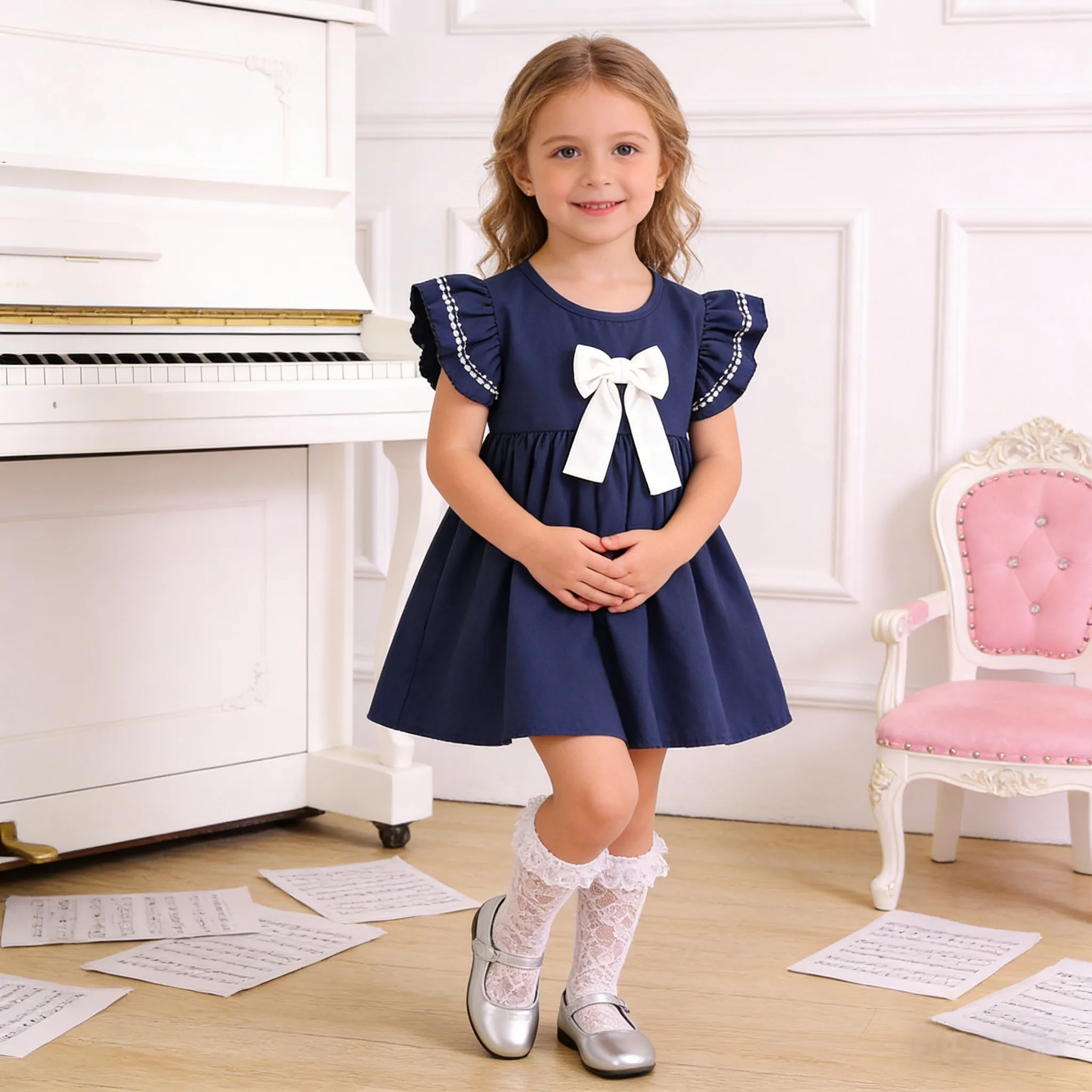 

Summer Fashion Baby Casual Dress Kids Solid Bowknot Flying Sleeve Princess Dress Children Sweet Girls Clothes Costume 2-6 Years