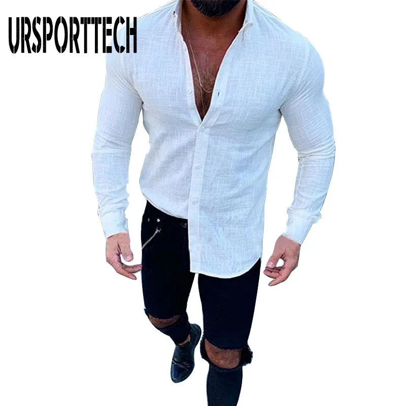 URSPORTTECH High Quality Shirt Men Casual Long Sleeve Button Lapels Men's Linen Shirt Spring Autumn Streetwear Camisa Masculina