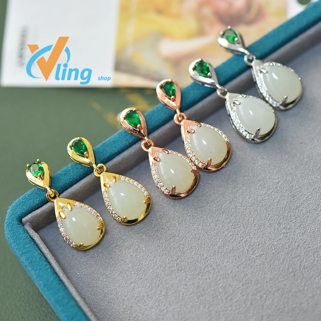 

2024 Unique Temperament Advanced Earrings Copper Inlaid White Jade Water Drop Exquisite Personality Trend Personality