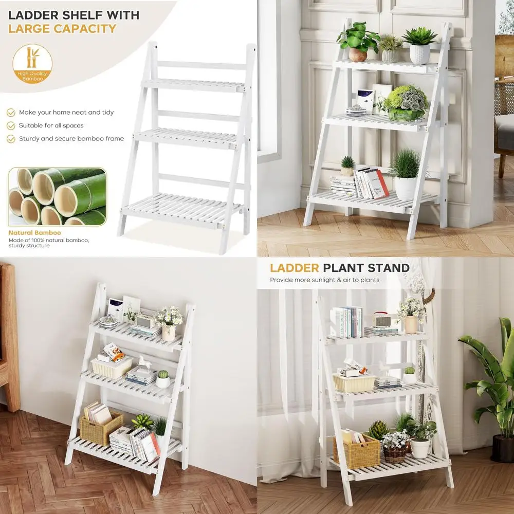 

3-х уровневая книжная полка с бамбуковой лестницей, открытый стеллаж 39,4 для дома, офиса и небольших помещений белого цвета