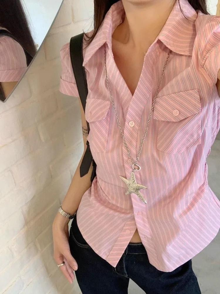 Pink Striped Blouse Women's Clothing Slim Waist Short Sleeve Tunic Shirts Short Sleeve Summer Blouses Tops 2026 Camisas De Mujer