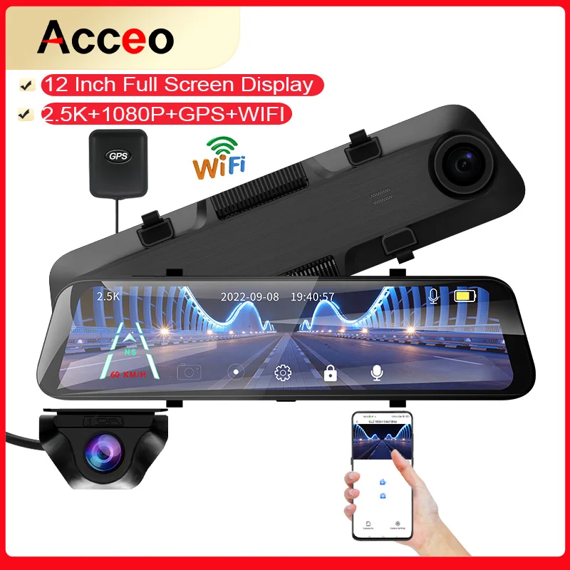 Acceo a38 dash cam 12 zoll touch ips bildschirm auto dvr spiegel stream medien unterstützung wifi