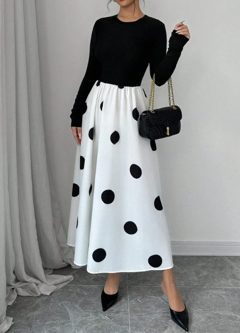 

Round Neck Long Sleeved Patchwork Polka Dot Dress for Women Novelty Woman Dress 2025 Elegant Midi Women's Dress