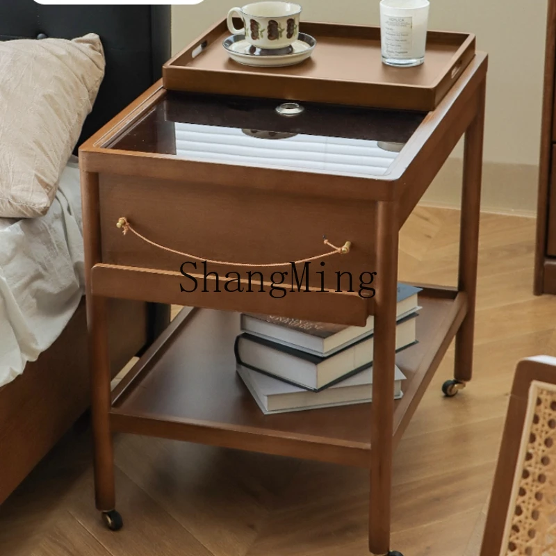 

SM solid wood retro coffee table trolley sofa edge table removable locker household small apartment