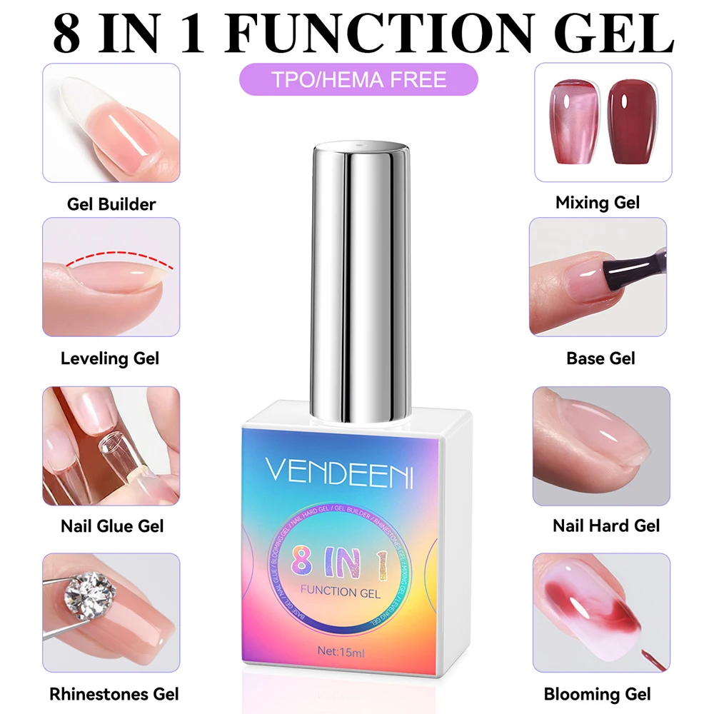 Vendeeni TPO HEMA FREE 8-in-1 Functional Gel Nail Polish Base Coat UV Nail Extension Gel Hard Gel Blooming Mixing Rhinestone Gel