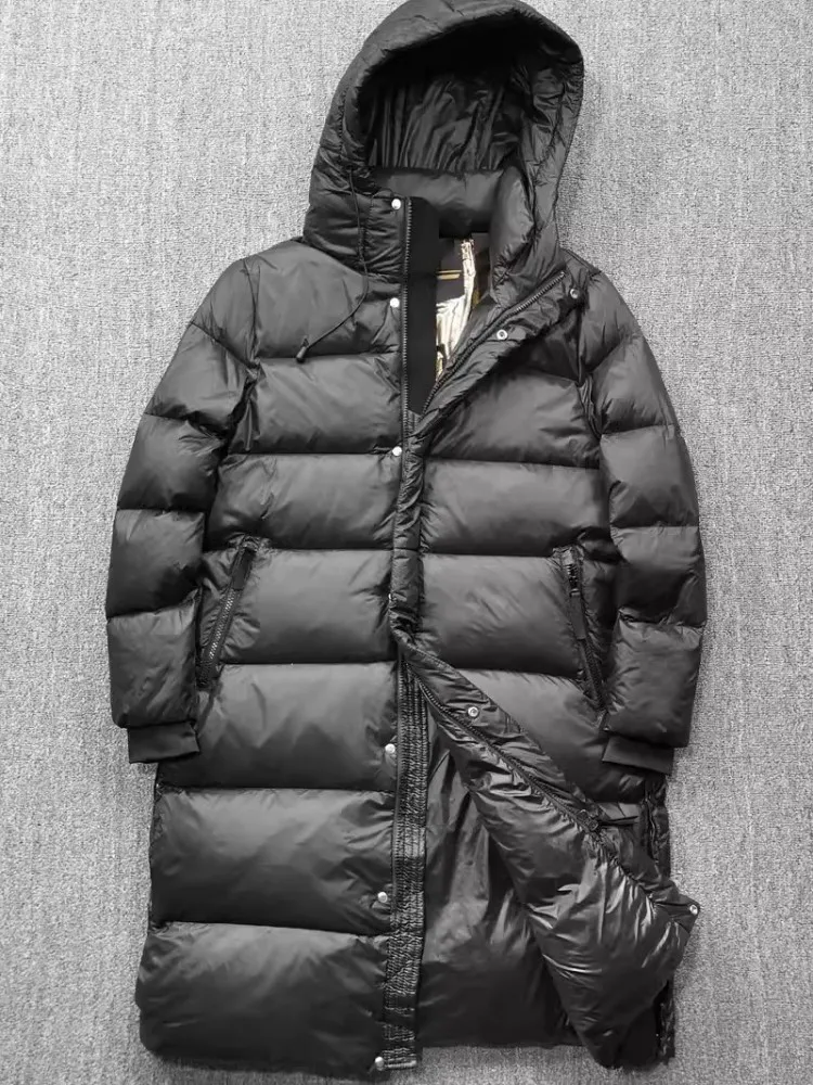 High Street Winter Men Down Coat Zipper Medium Length Long Sleeve Casual Stand Collar Hooded Overcoat Warm Windproof Long Jacket