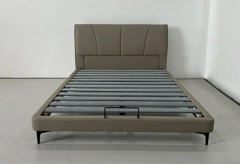 Apartment And Hotel Bedroom Furniture Modern Minimalist Ergonomic Leather Platform Bed Top-Grain Leather Upholstered Frame Bed