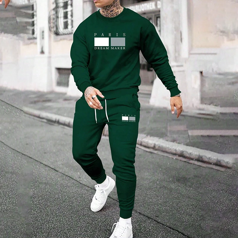 Men's Sportswear Sets Fashion Casual Sweatshirt Print Suit Long Sleeve Pullover Thin Sweatpants Spring Autumn 2-piece Suit Male