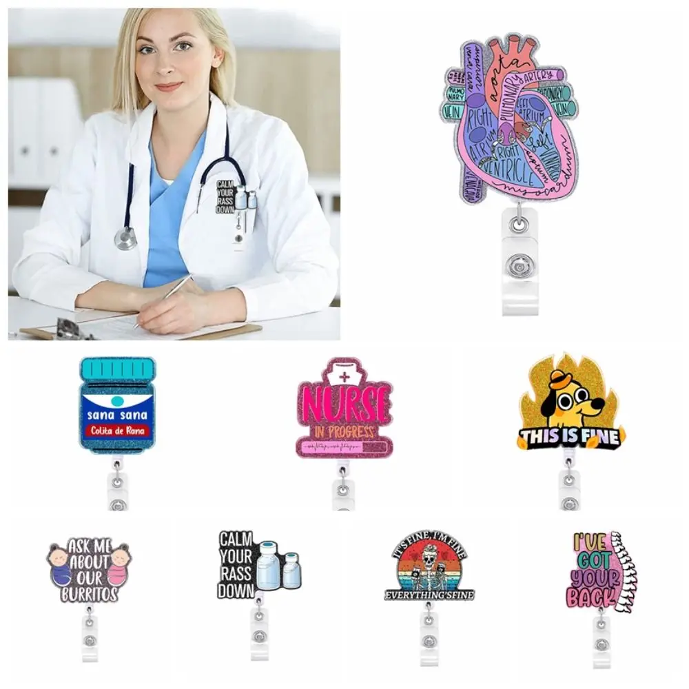 Glitter Nurse Retractable Badge Reel Acrylic Letter Name Card Holder 360 Rotating Alligator Clip ID Card Clips