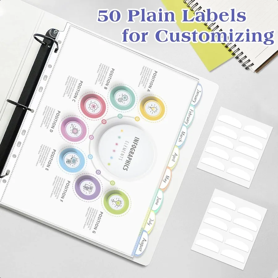 5 مجموعات من 40 عبوة من فواصل مؤشر الأكمام البلاستيكية مقاس A4 فواصل الجيب لـ 2 3 4 حلقات الموثق مع 8 علامات تبويب أوراق بلاستيكية شفافة