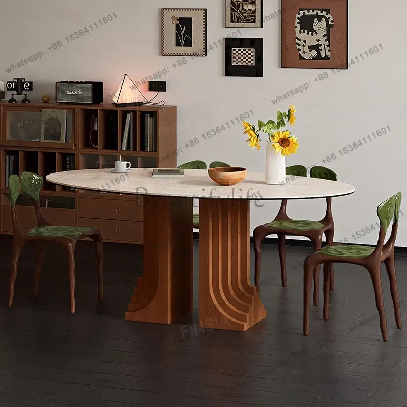 FG Rock Slab Oval Dining Table Set Modern Simple Wabi Style High End Light Luxury Cave Stone Texture Dining Table and Chairs