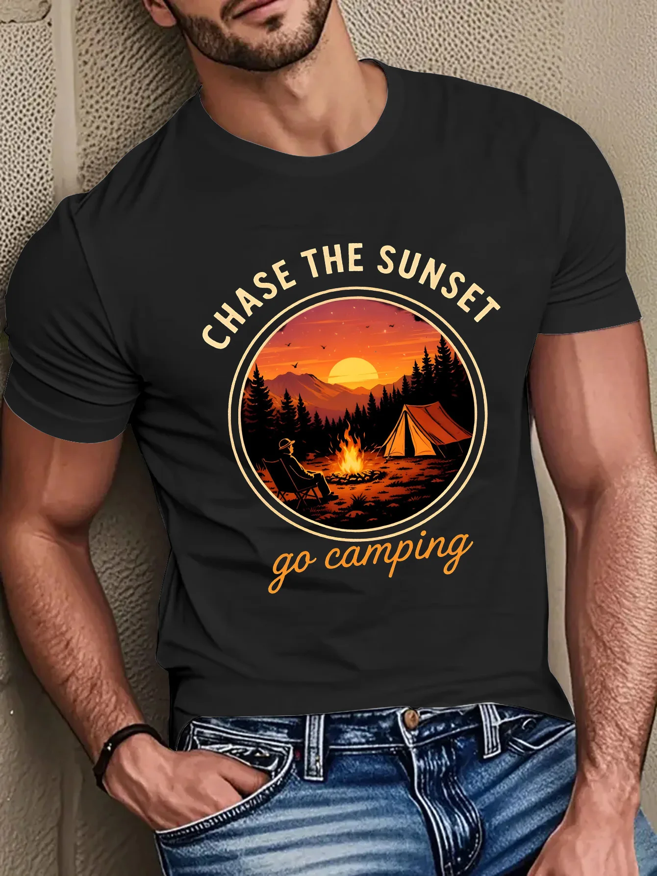 Male Black Round Neck T Shirt Circular Sunset Forest Campfire Camper Graphic Chase The Sunset Go Camping Outdoor Cotton Tees