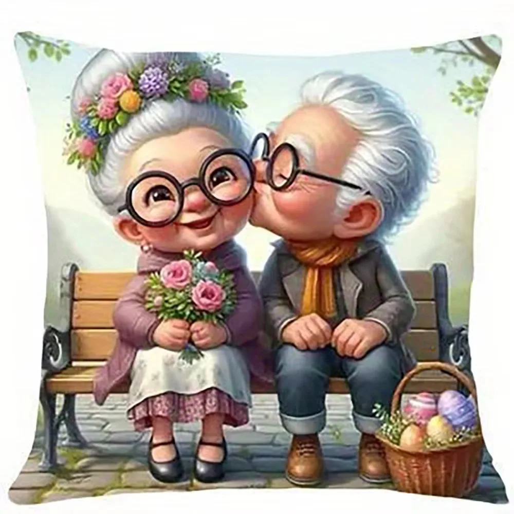 Double Sided Couple Artistic Pillow Cover, Elderly Love Theme Soft Polyester 2D Print Cushion for Sofa Bedroom Living Room Decor
