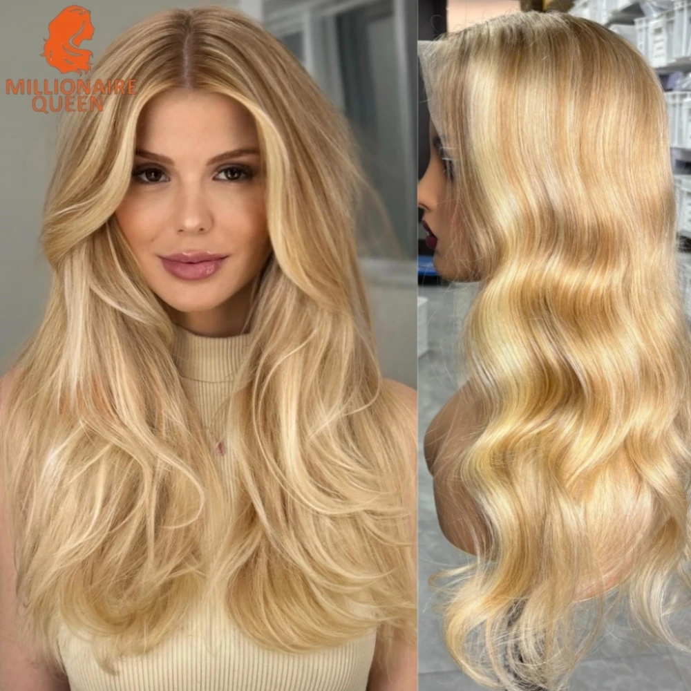 

Millionaire Queen Balayage Ombre Highlight Парик фронта шнурка 100% парики натуральных волос Медовый блондин 13x6 Свободная часть парика фронта шнурка