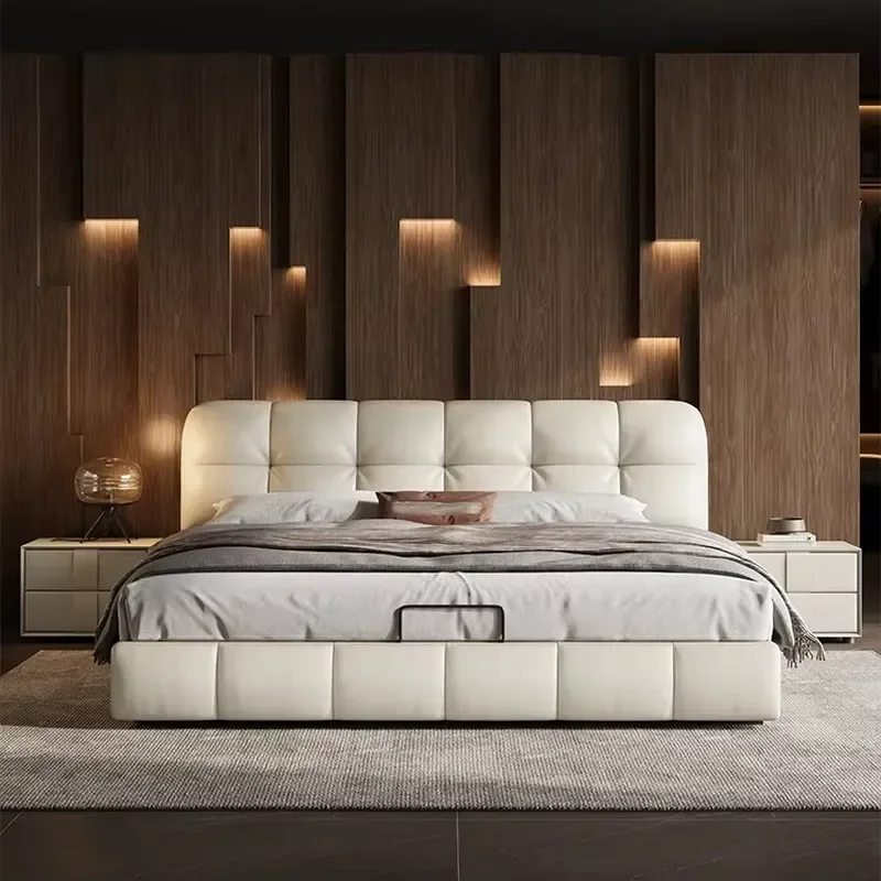 Minimalist Leather Bed Solid Wood Frame Soft Upholstered Bed with Hidden Storage Compartment for Master Bedroom