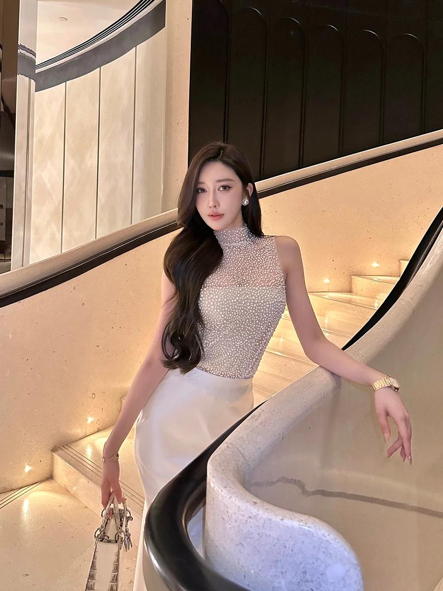 

anxi White Beaded iny Knitted No-Sve T-irt Women's Inner Match High-End Luxury ort Top Faion Original Design