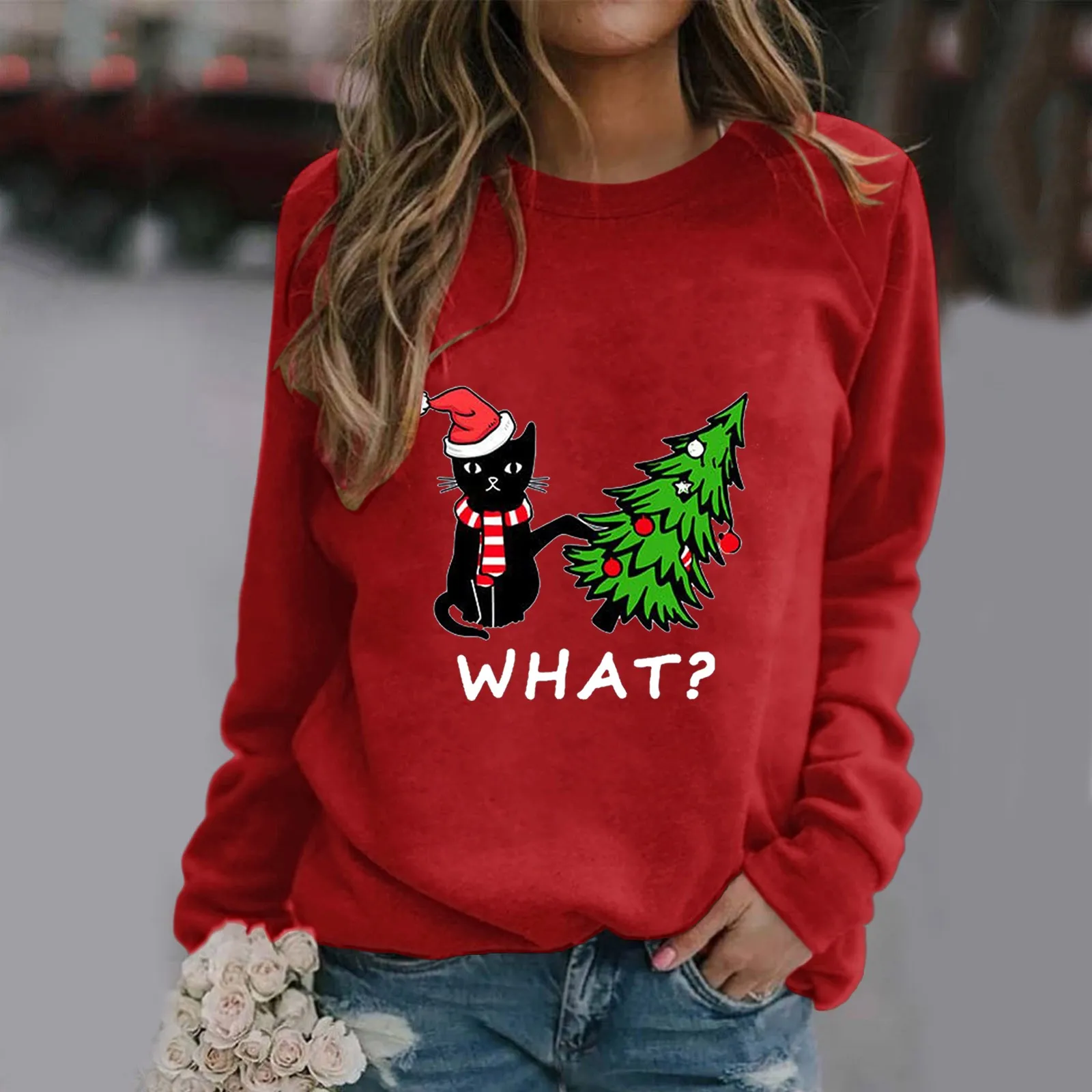 Christmas Womens T-Shirt Ugly Cat Print O Neck Sweatshirt Round Neck Fit Pullover Tops Long Sleeve Xmas Hoodies Blouse Female