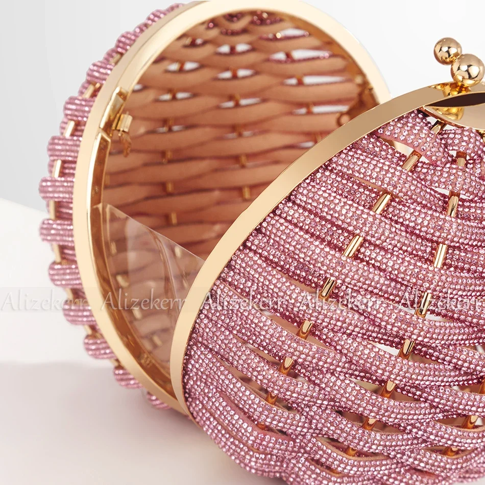 Alizekerr Rhinestone Round Evening Clutch Bags Women Boutique Circular Ball Shaped Woven Diamond Purses And Handbags Wedding