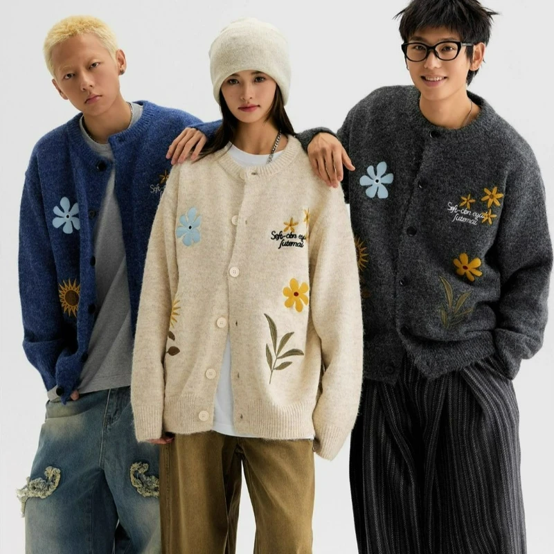 

Новый стильный модный высококачественный вязаный кардиган-свитер с пуговицами, осень-зима 2026, с цветочной вышивкой, для мужчин и женщин