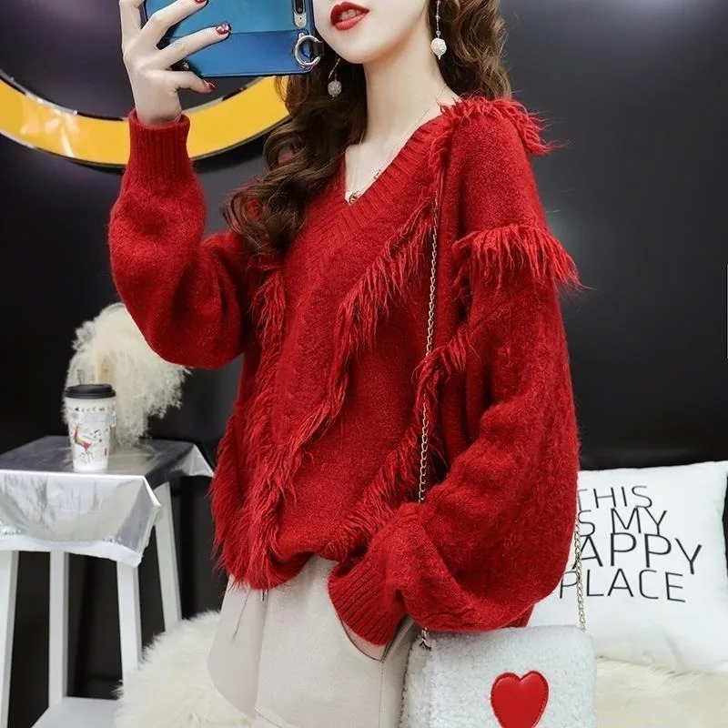 

Ladies Pullovers Tassel New Knitwear Clothing Sales Clothes Basic Sale All Cheap Elegant Attractive V Neck Women's Knit Sweater