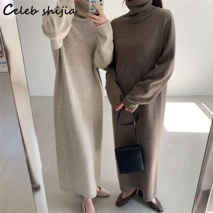 Khaki Woolen Loose Dress Woman Autumn Tall Neck Elegant Knitted Bodycon Dress Female Vintage Long Sweater Winter Clothing