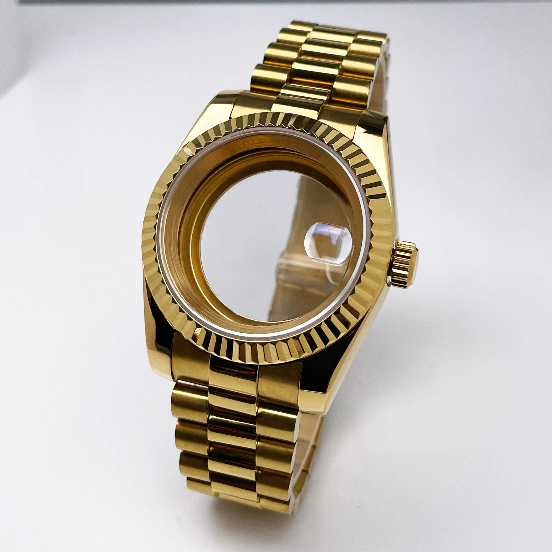 39mm Full Gold Luxury Log Watch Case Fits NH35 Movement for 28.5mm Dial Slider Bracelet Men Watch Modification Accessories