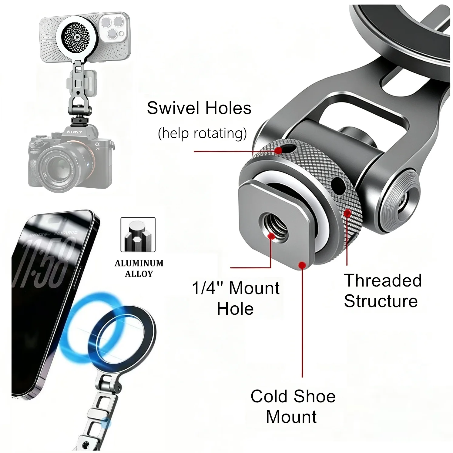 Camera Hot Shoe Magnetic Phone Holder, Full Rotation Aluminum MagSafe Bracket Compatible with Tripod Selfie Stick DSLR Cameras