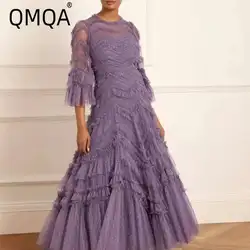 QMQA Fashion Women's Elegant Banquet Dresses Round Neck Mesh Fungal Edge Short Sleeve Polka Dot Party Dress 2025 New 1A788