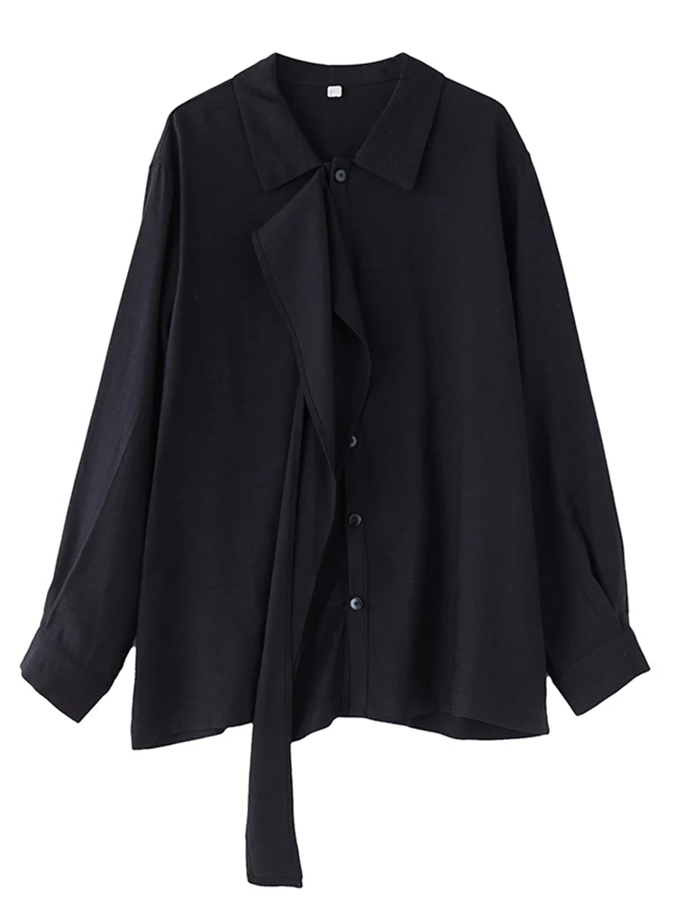 2026 ربيع الخريف جديد أسود خمر المرقعة الشريط المتضخم قميص المرأة طويلة الأكمام فضفاضة بلوزة غير رسمية قمة ملابس عصرية