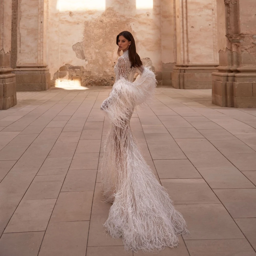 Dazzling Sequined Pearls Mermaid Wedding Dress With Feathhers Sexy Illusion Bridal Gown Customized High Collar Dresses For Bride
