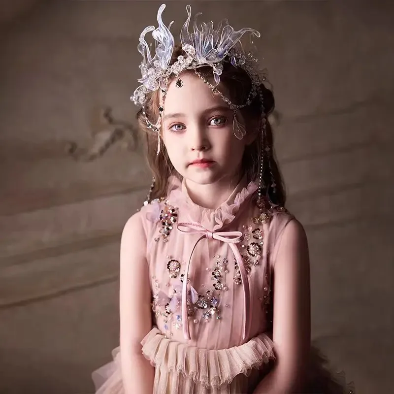 

Custom Arabic Dusty Pink Children's Flower Girl Dress Crystal Princess Wedding Pageant Evening Dress Birthday Party