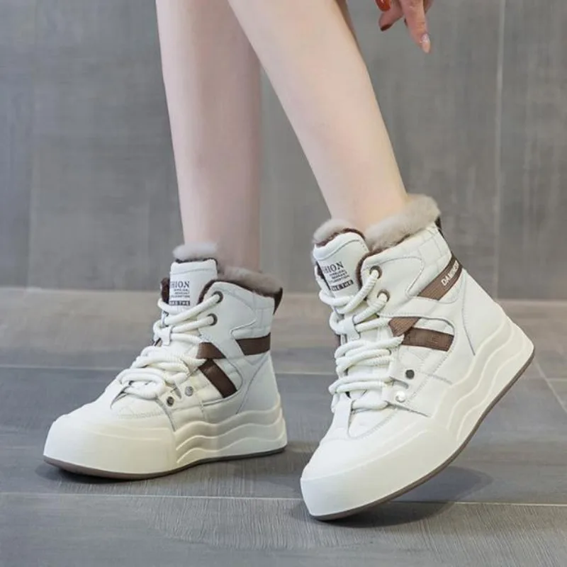 Women's White Platform Sneakers High Top Fur Lined Dad Shoes Non-Slip All-Match Thermal Shoes Durable Casual