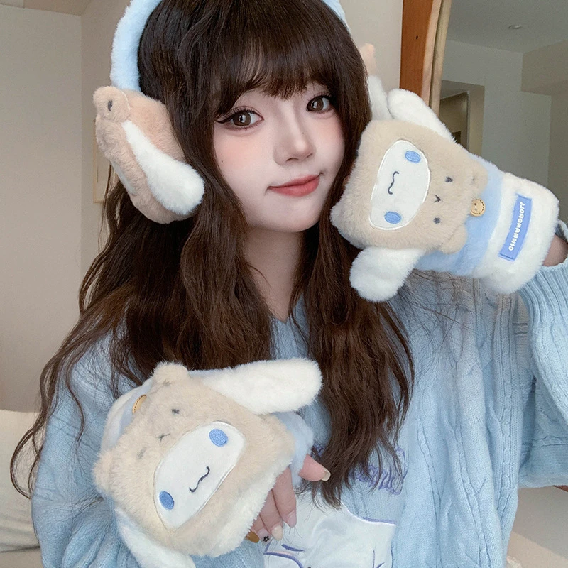 Sanrio Cute Cartoon Plush Earflap Gloves Winter Thickened Flip Half Finger Gloves Heart Soft Warm Thick Gloves for Women Girl