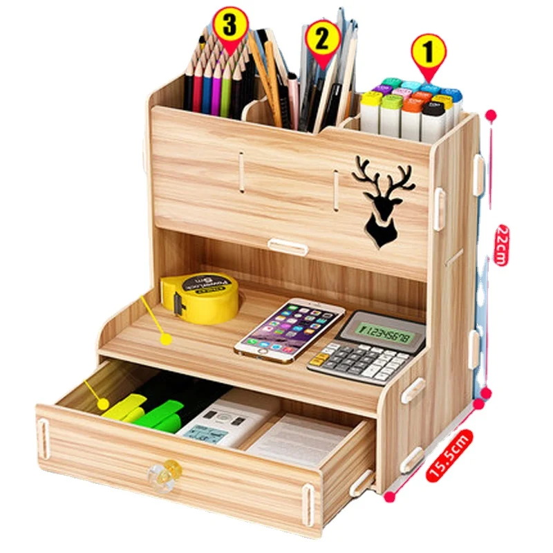 Wood Bookshelf Creative Pen Pencil Holder Receiving Box Desktop Learning Penholder Office Desk Organizer Storage Rack Supplies