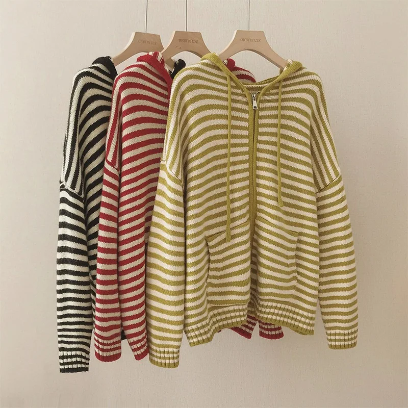 Oversized Knitted Striped Hooded Cardigan Women Autumn Winter Loose Casual Zipper Sweaters Versatile Knitting Outerwear