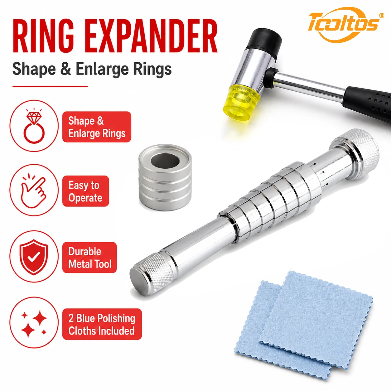 TOOLTOS Ring Stretcher Enlarger Kit with Rubber Hammer Polishing Cloths Jewelry Ring Resizing Tool for Gold Silver Wedding Rings