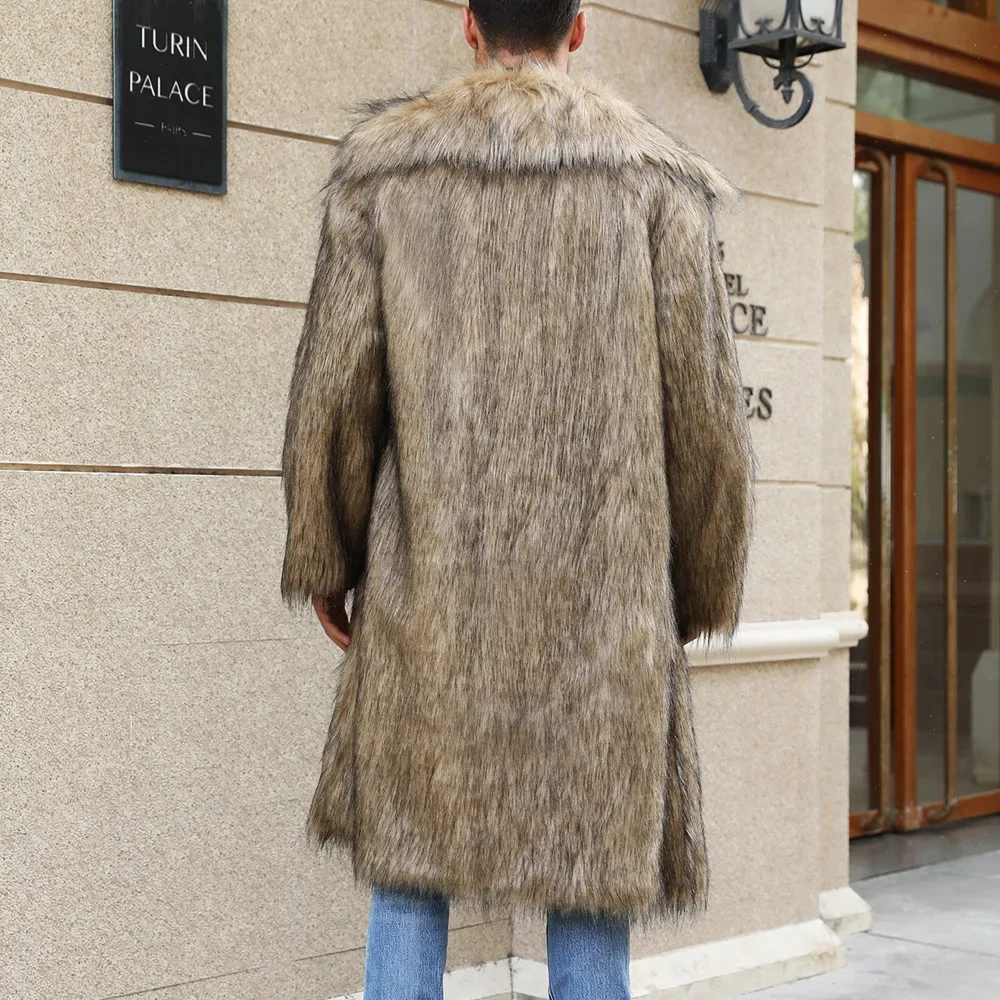 Men Faux Fox Fur Jacket Coat Turn Down Collar Winter Thick Fluffy Long Sleeve Warm Shaggy Outerwear Luxury Fur Long Jackets Mens